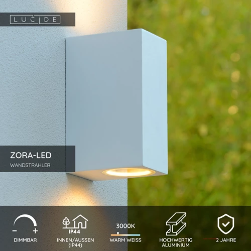Lucide ZORA-LED - Wandstrahler / Wandleuchte Innen/Außen - LED Dim. - GU10 - 2x5W 3000K - IP44 - Weiß - USP